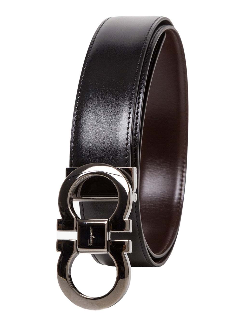 Reversible Belt With Gancini Buckle On The Front Black Leather For Men Brown Calf