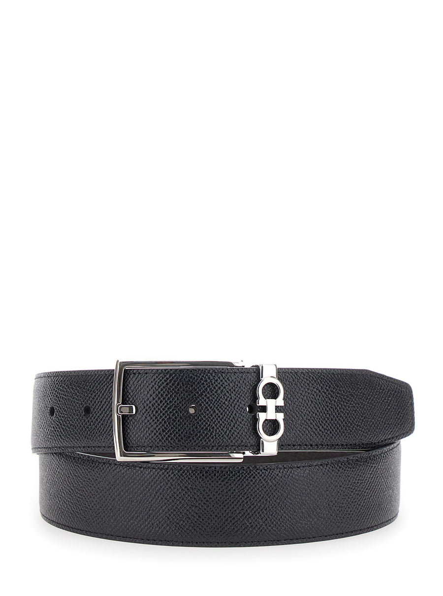 Reversible Belt With Gancini Buckle, Black Leather Calf