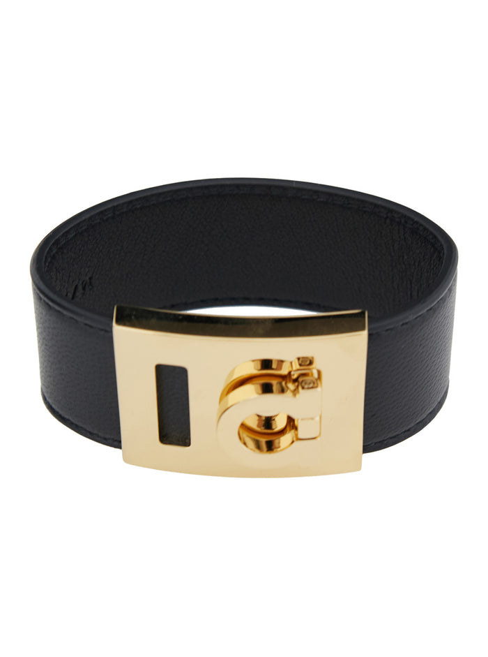 Bracelet Hug With Gancini Detail Black Smooth Leather For Women Lamb Brass