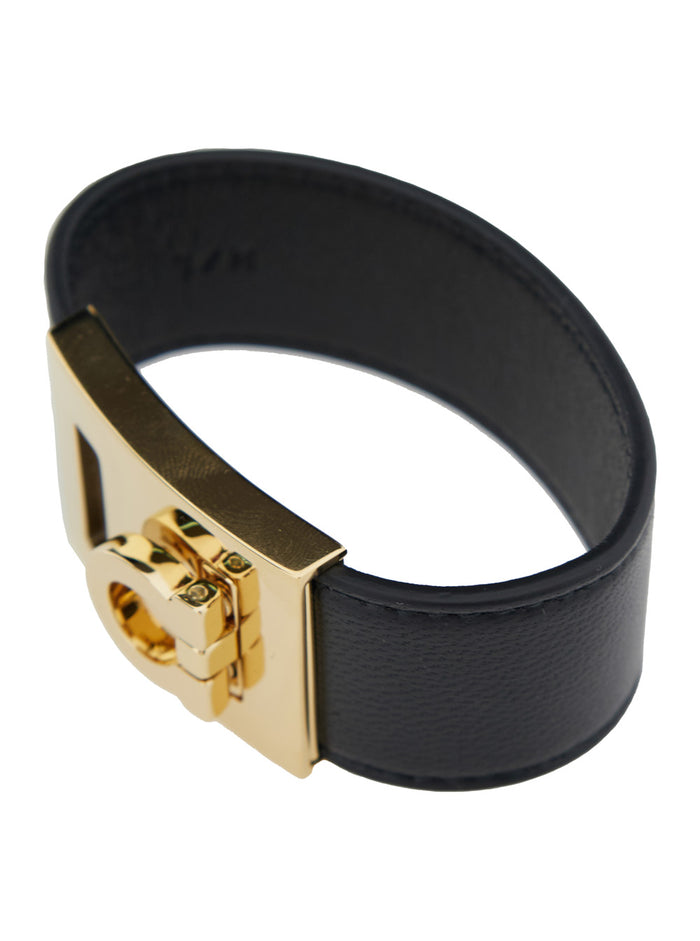 Bracelet Hug With Gancini Detail Black Smooth Leather For Women Lamb Brass