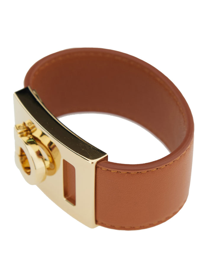 Bracelet Hug With Gancini Detail Smooth Brown Leather For Women Lamb Brass