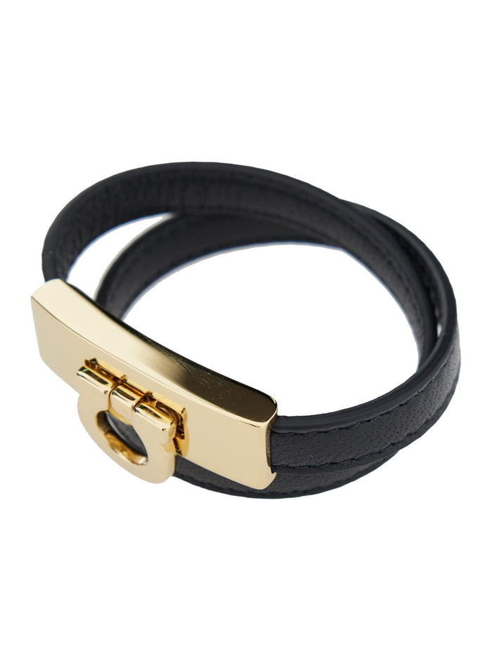 Double Wrap Gancini Black Leather Bracelet For Women Lamb Brass