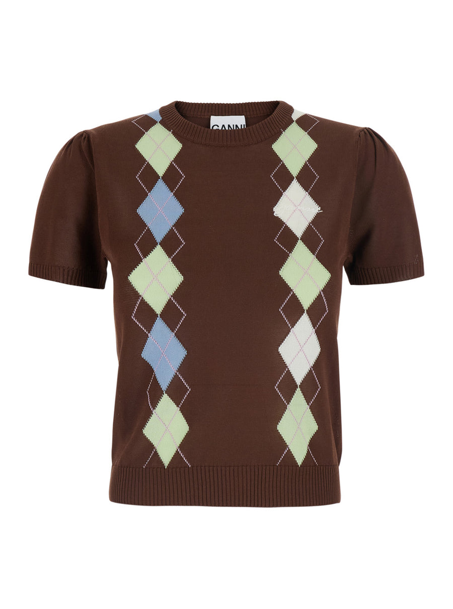 Short-Sleeved Argyle Sweater — Brown Cotton Tops