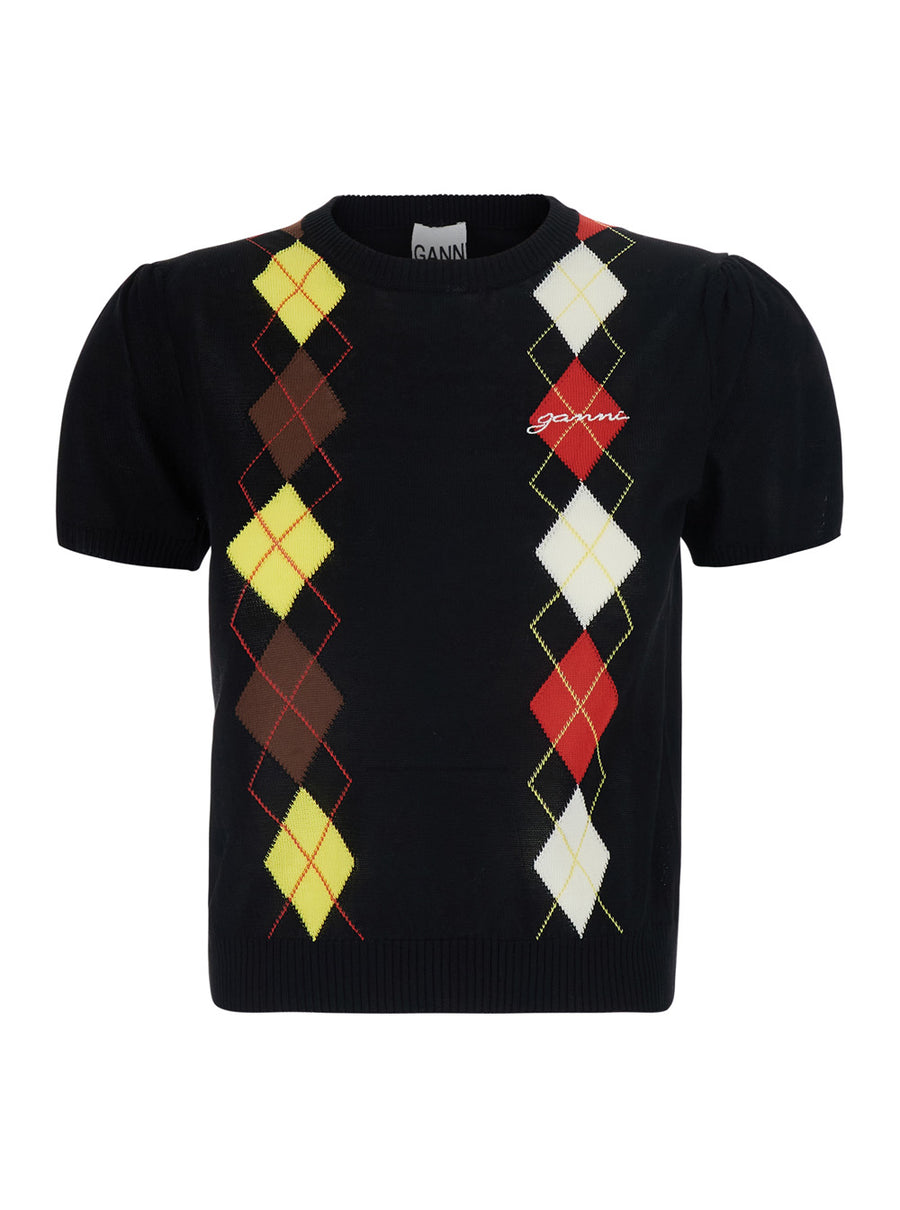 Short-Sleeved Cotton Sweater Black Tops