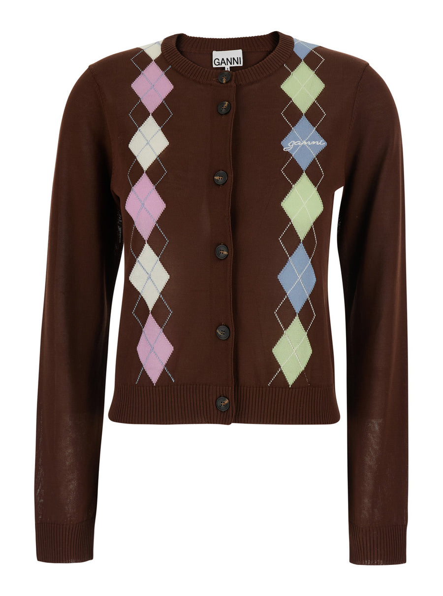 Cardigan Crew Neck Brown Cotton Tops