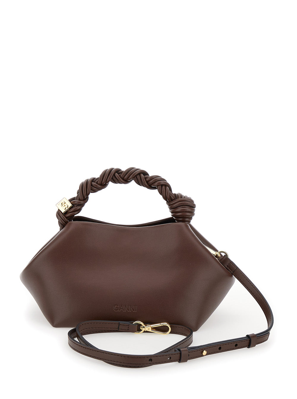 Ganni Bou Bag Small With Leather Details And Handles, Tech Fabric, Brown, Woman Hand