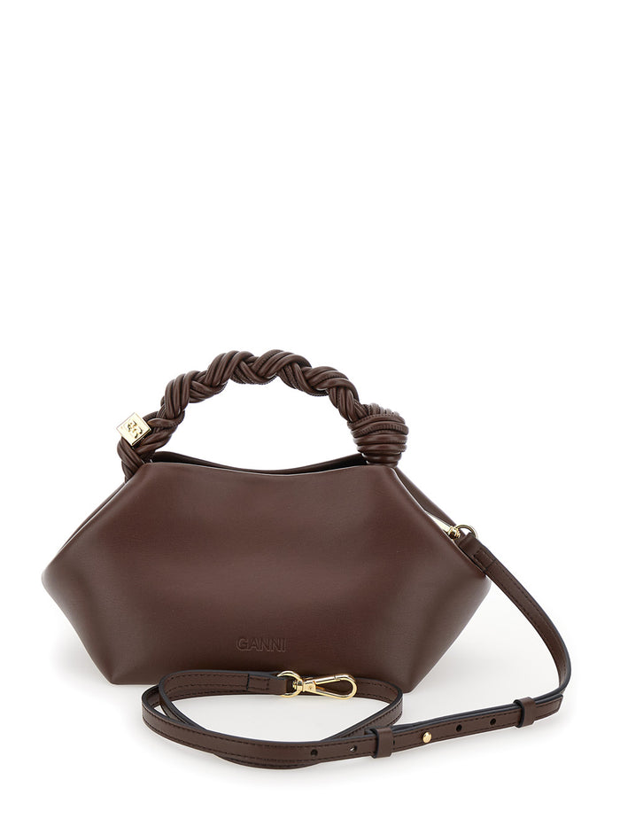 Ganni Bou Bag Small With Leather Details And Handles, Tech Fabric, Brown, Woman Hand