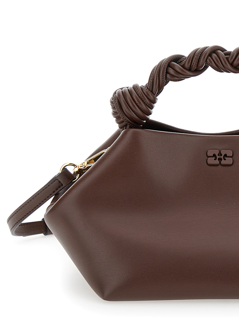 Ganni Bou Bag Small With Leather Details And Handles, Tech Fabric, Brown, Woman Hand