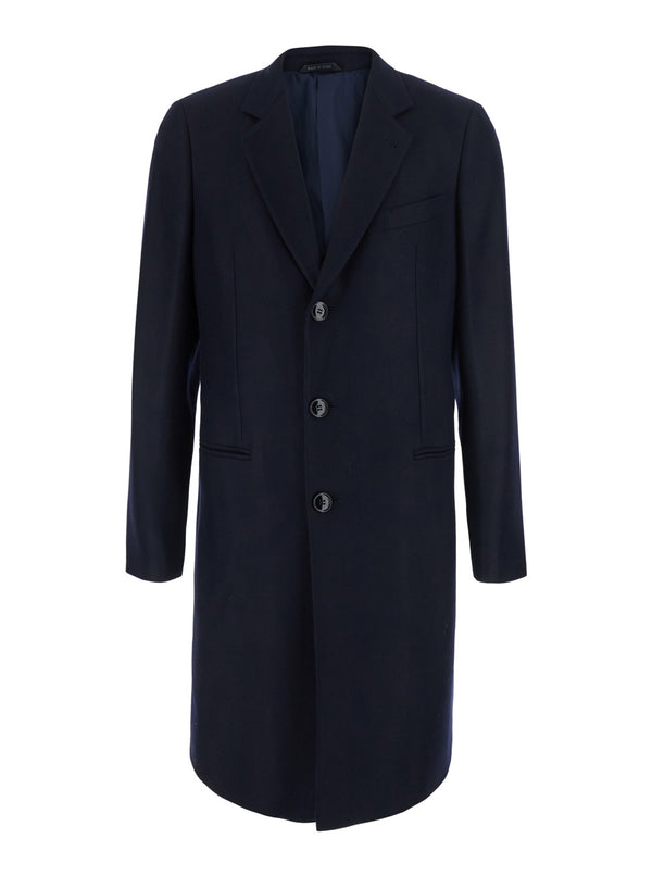 Single-Breasted Blue Cashmere Chevron Coat Virgin Wool