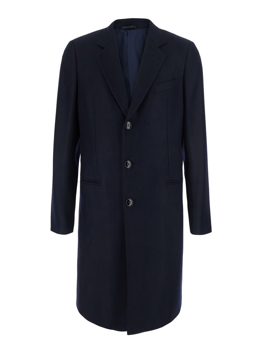 Single-Breasted Blue Cashmere Chevron Coat Virgin Wool