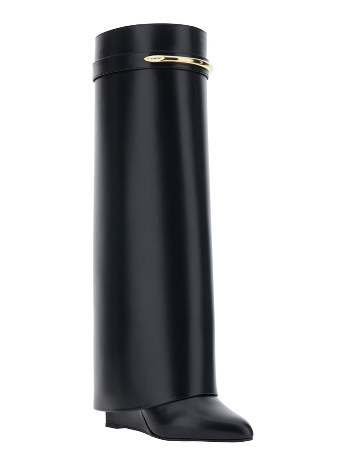 High Wedge Heeled Shark Pointed Boots With Logo Plate On The Front Black Leather For Women Calf