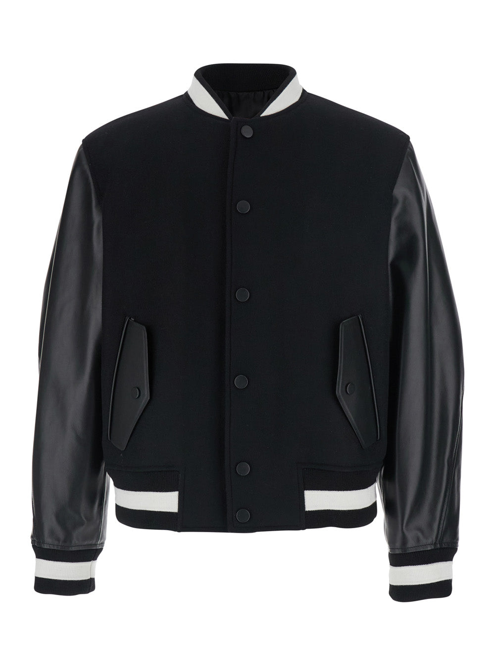 Black Jacket With Bi-Details And Patch On The Back Leather Fabric For Men Wool