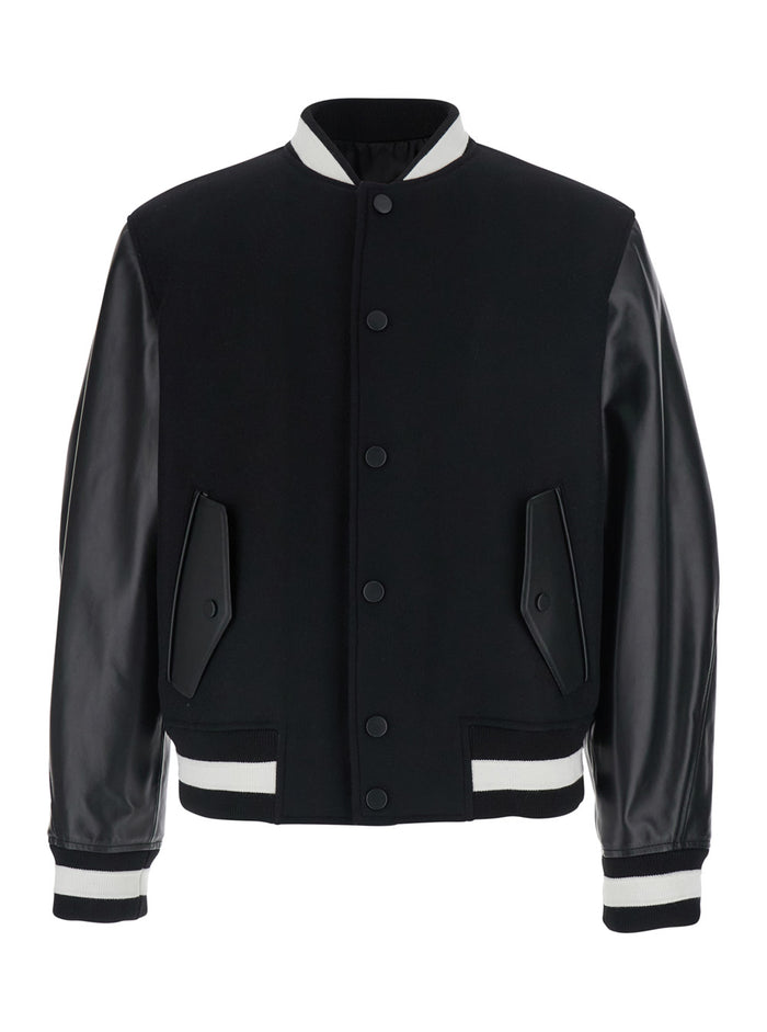 Black Jacket With Bi-Details And Patch On The Back Leather Fabric For Men Wool