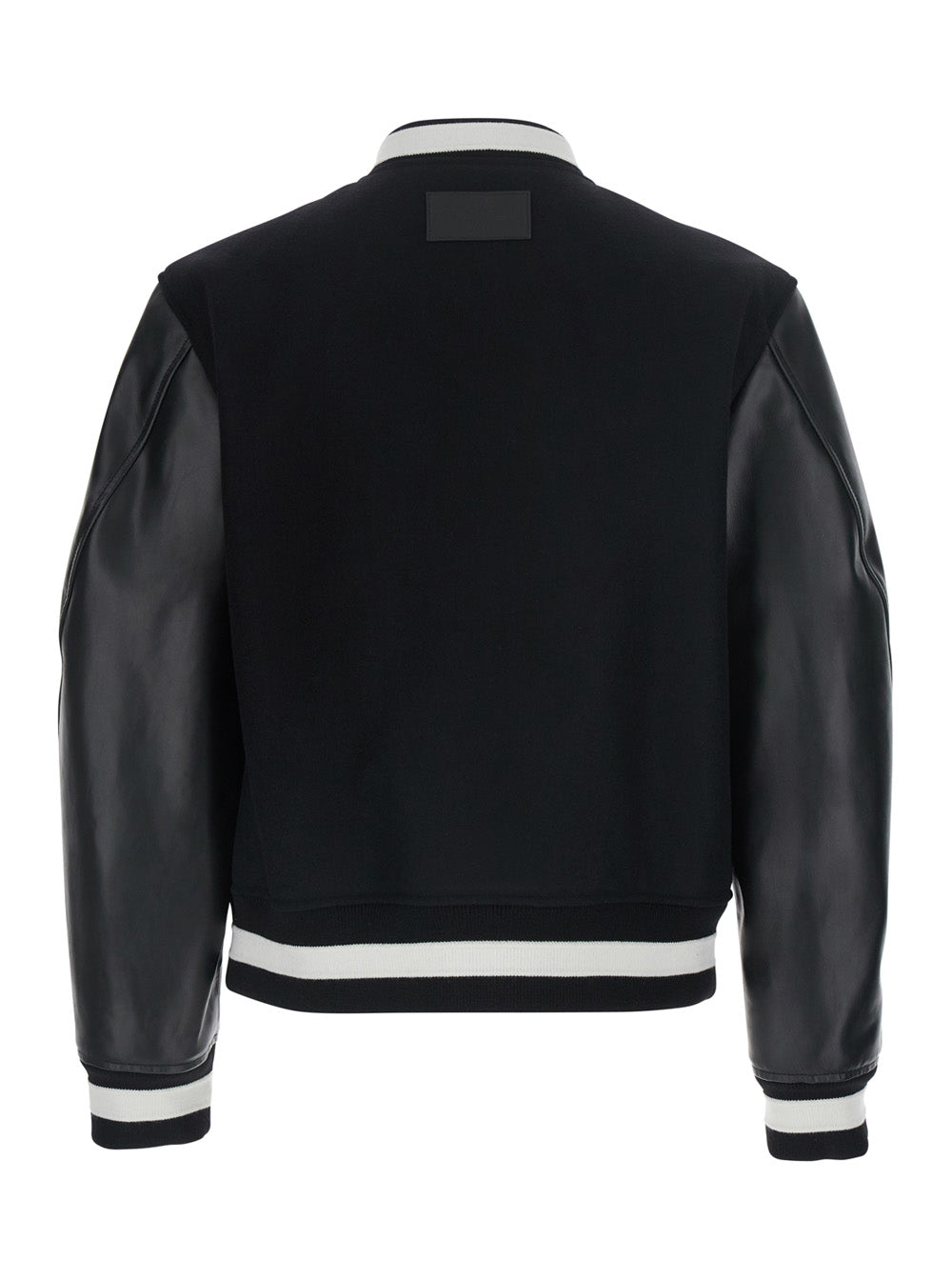 Black Jacket With Bi-Details And Patch On The Back Leather Fabric For Men Wool
