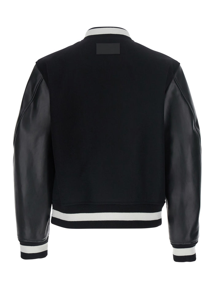 Black Jacket With Bi-Details And Patch On The Back Leather Fabric For Men Wool