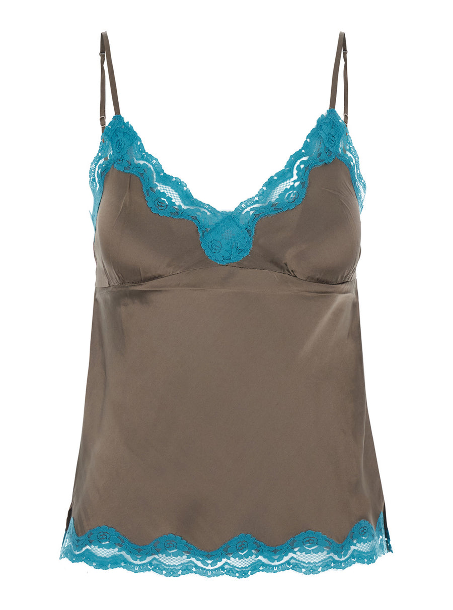 V-Neck Asymmetrical Spaghetti Strap Top Brown Silk Tops