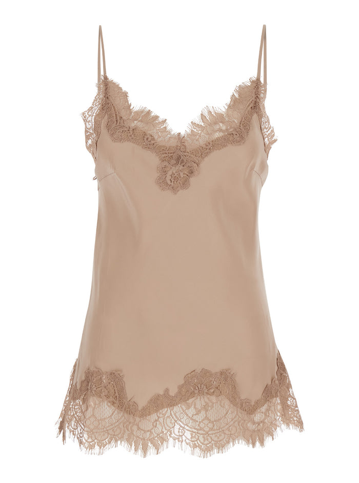 Tank Top Coco With Tone-On-Tone Lace Trimmings Beige Silk For Women