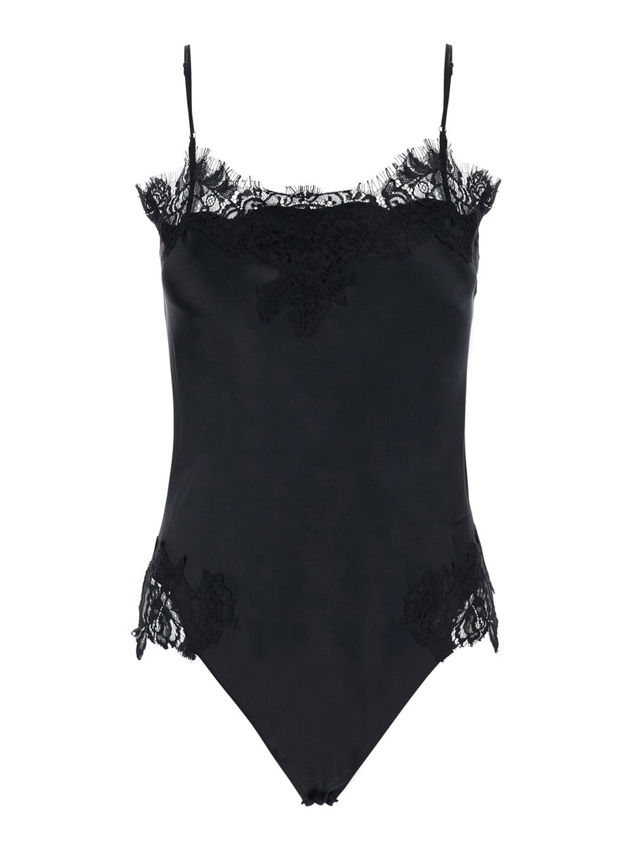 Lace V-Neck Long Sleeve Bodysuit Black Fabric/lace Tops