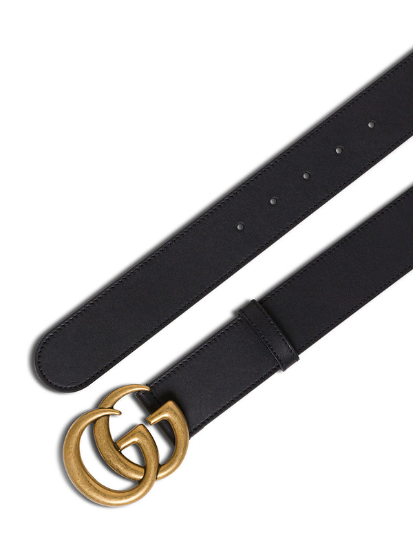 Leather Belt With Gg Logo Buckle, Black Calf