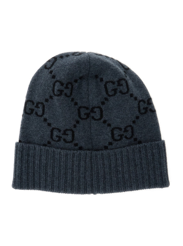 Beanie Gg Jacquard Grey Cashmere Hat