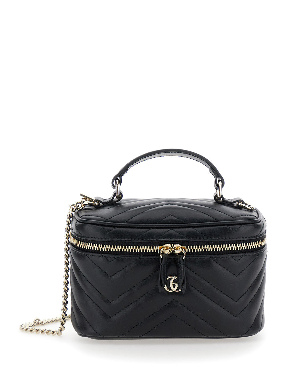 Handbag Gucci With Chain Strap And Gg Plaque On Front Black Leather For Women Calf Hand Bags