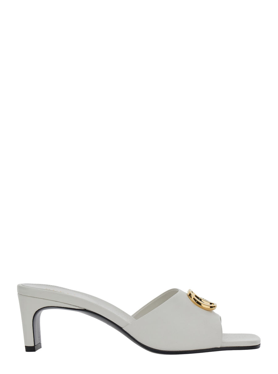 Leather Heeled Sandals With Gg Plaque White