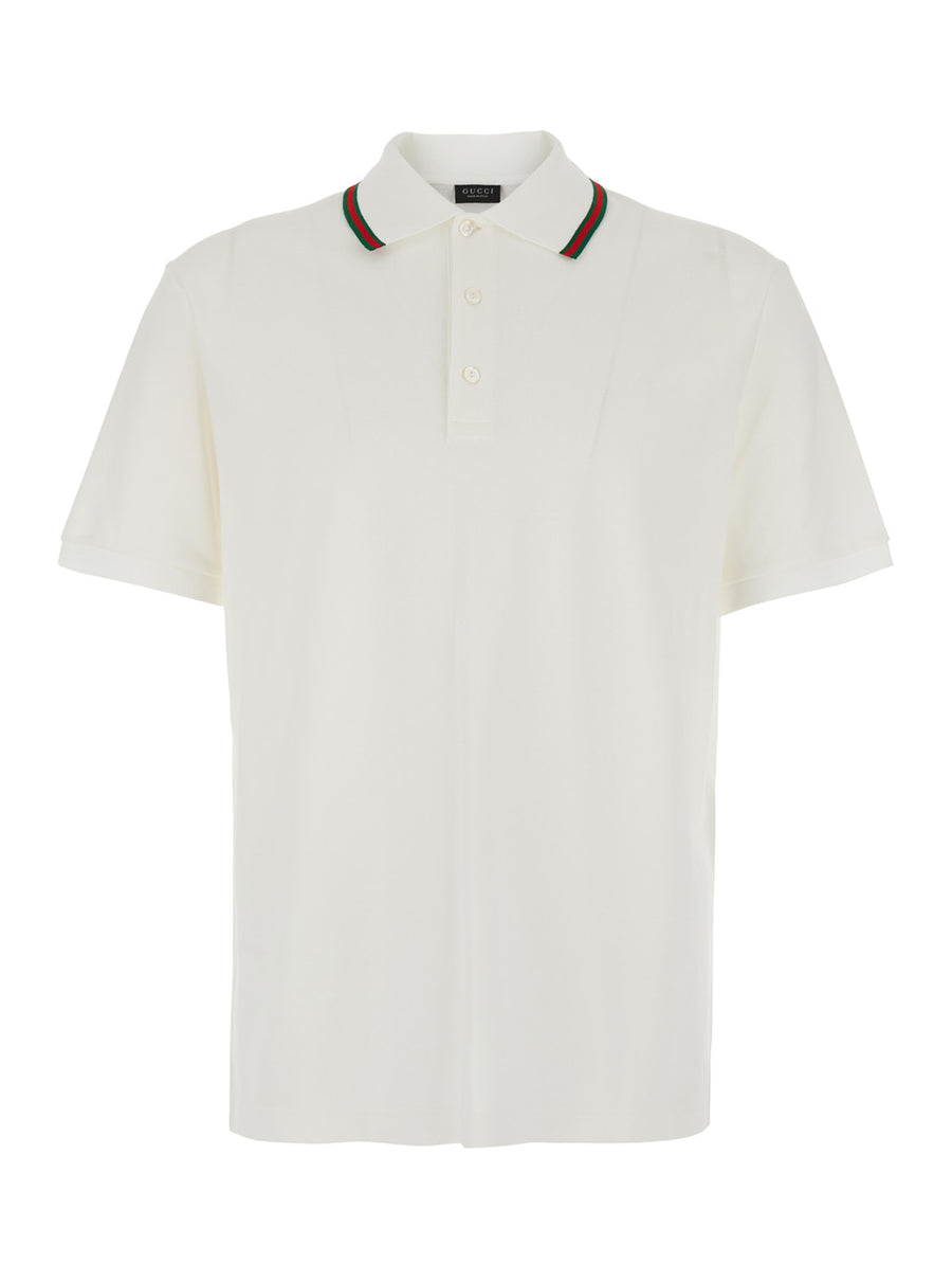 Polo Shirt With Web Collar, White Cotton T-shirts