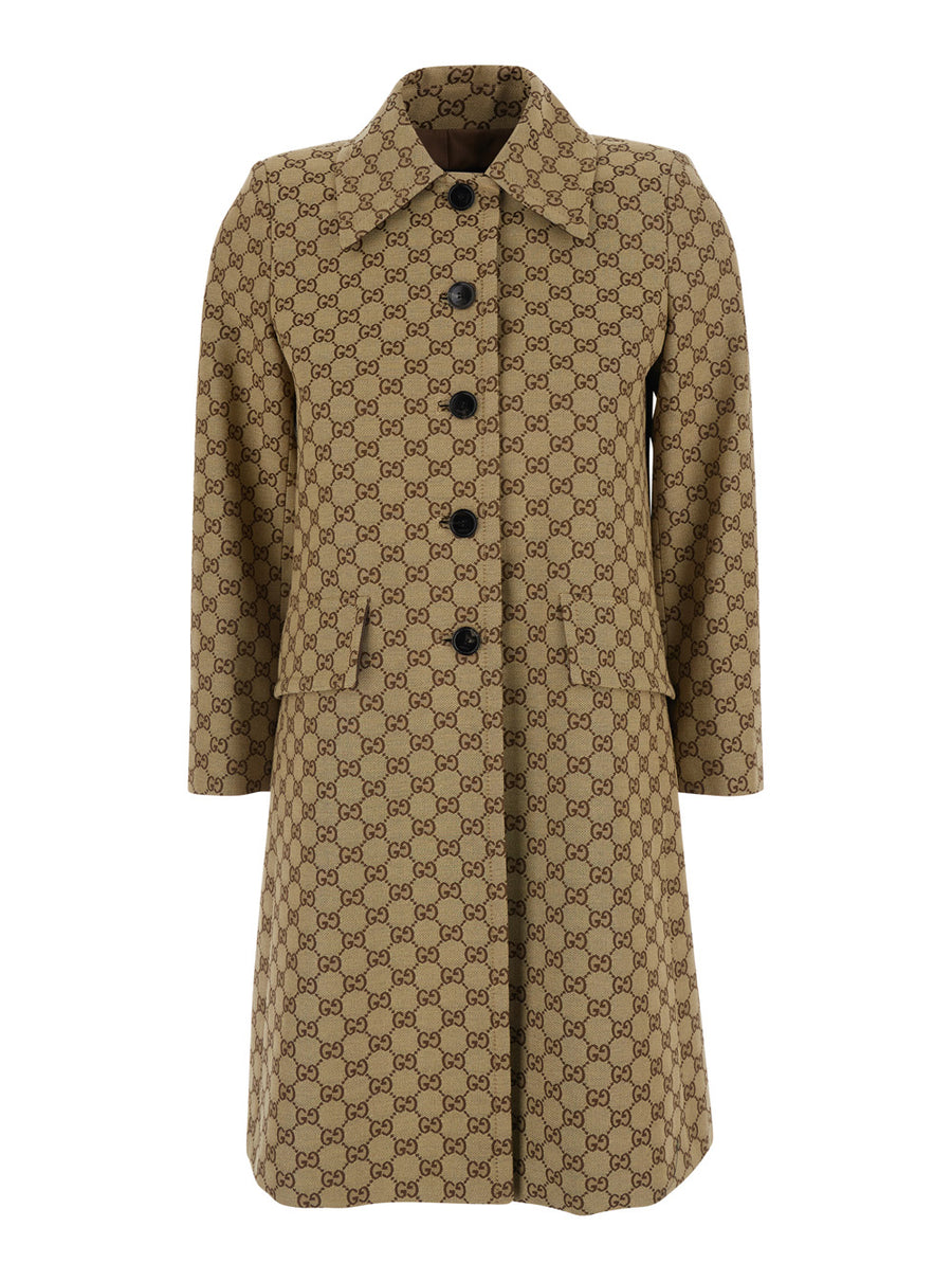 Coat Beige Gg Canvas With Pointed Collar