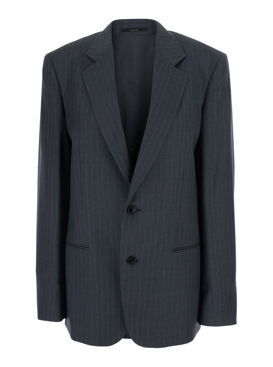 Jacket Single-Breasted Pinstripe Grey Wool Blazers