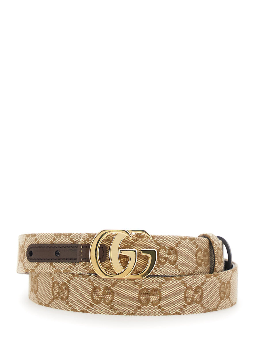 Reversible Gg Buckle Canvas And Leather Belt Beige