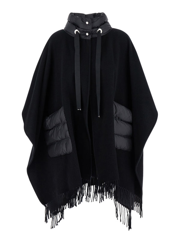 Poncho High-Neck Black Wool And Nylon Coat