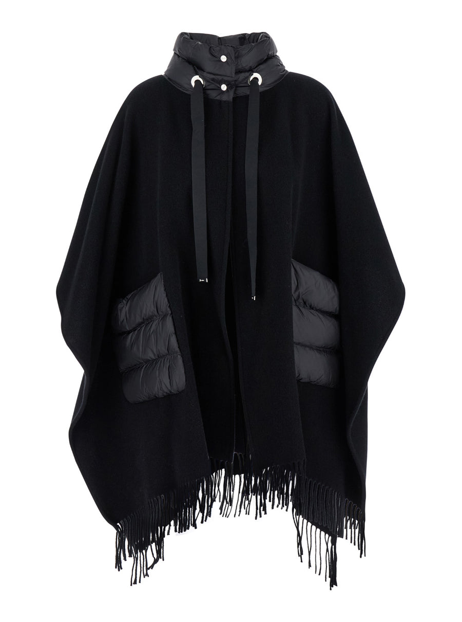 Poncho High-Neck Black Wool And Nylon Coat
