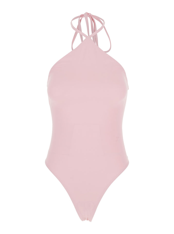 One-Piece Swimsuit With V-Neck Details Pink Polyamide Elastane Beachwear