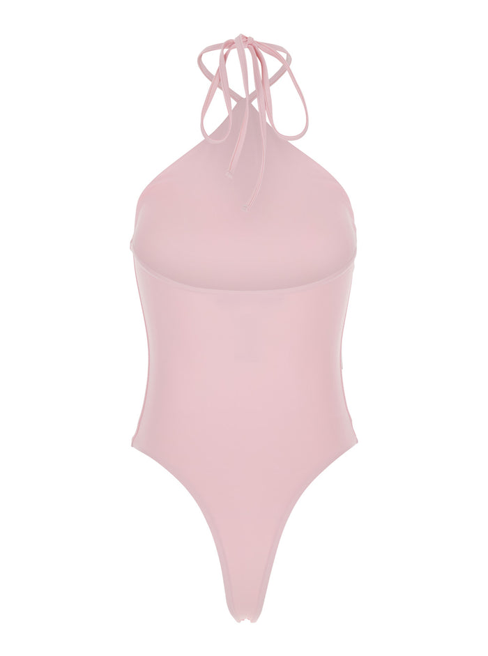 One-Piece Swimsuit With V-Neck Details Pink Polyamide Elastane Beachwear
