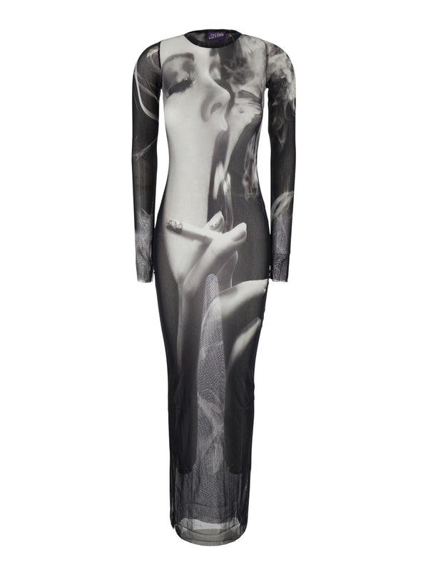 Long Dress Smoking Women Print Black Technical Fabric