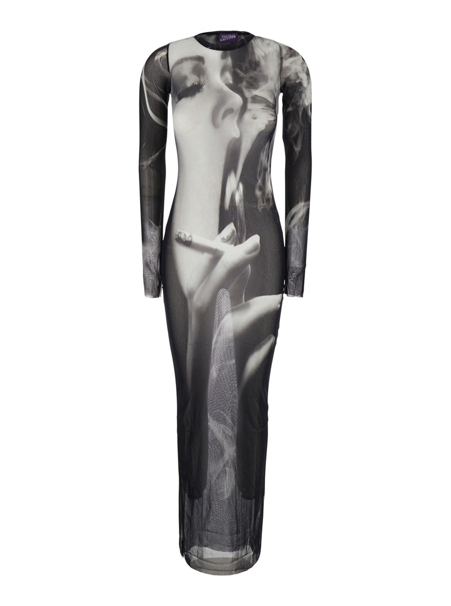 Long Dress Smoking Women Print Black Technical Fabric