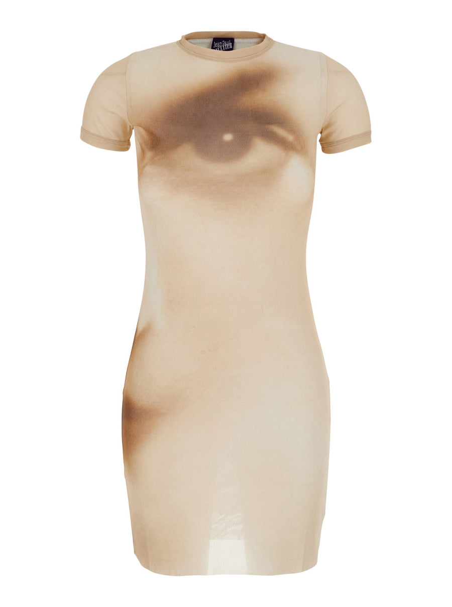 Short Dress With Face Print Tech Fabric Beige