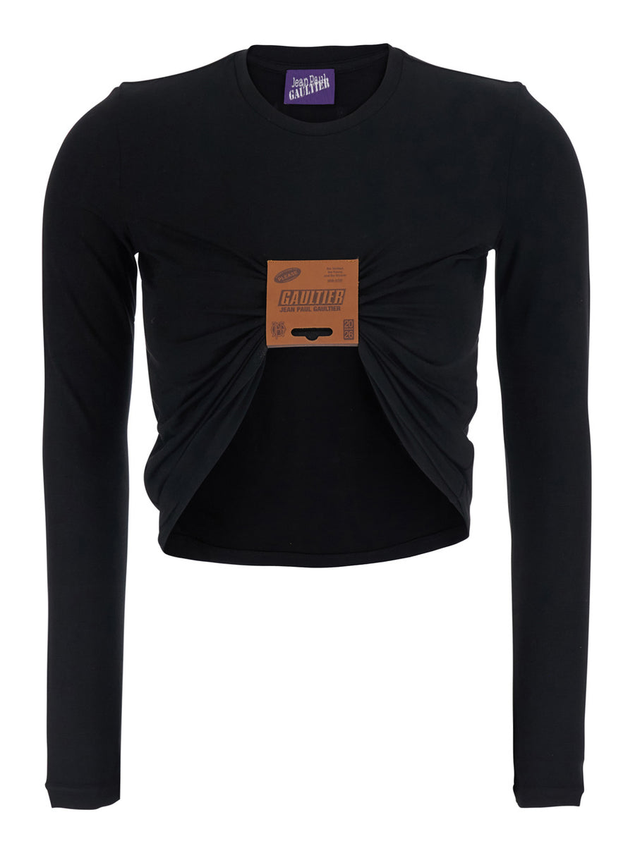 Long Sleeve Top With Leather Detail Black Viscose/leather T-shirts & Jerseys