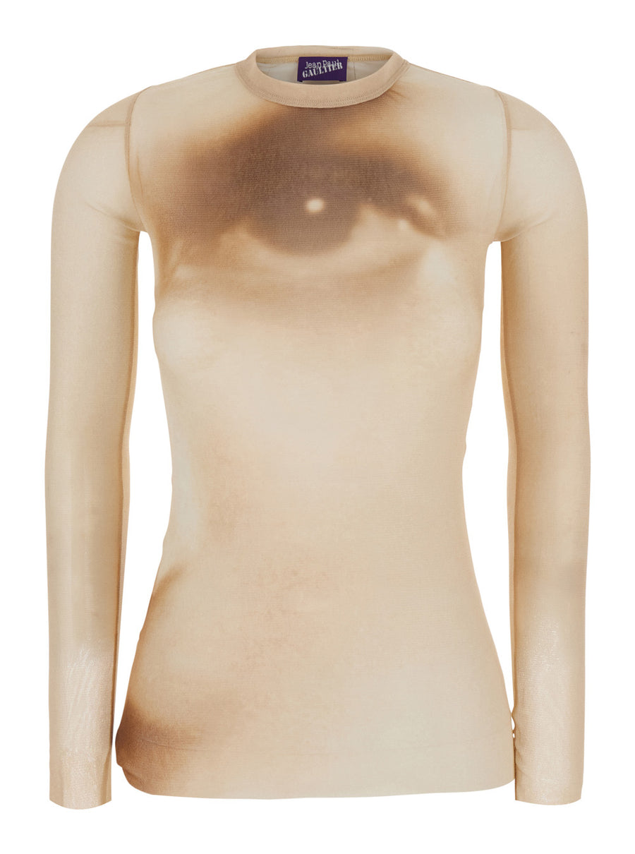 Long-Sleeved T-Shirt With Face Print Beige Tech Fabric