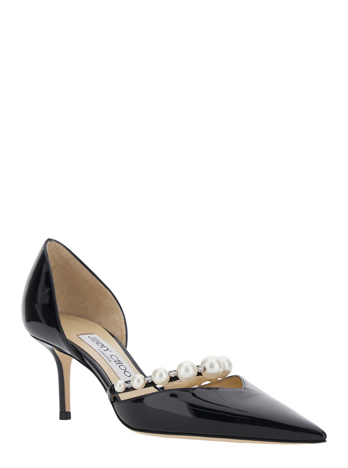 Pumps Aurelie With High Stiletto Heel And Pearl Decoration Black Leather For Women Calf Lamb Heels