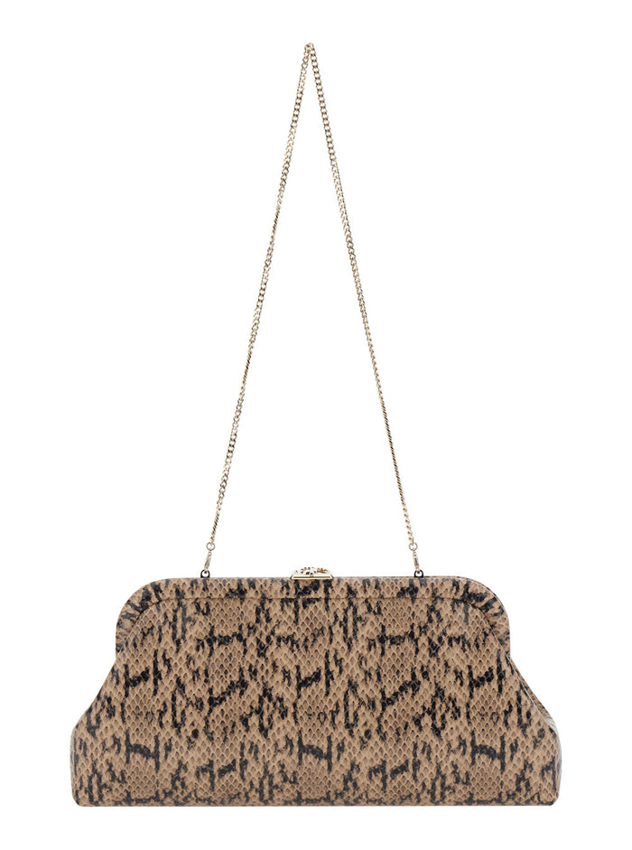 Emmie Kigali Snake Printed With Brass Details And Brown For Women Calf Clutches Pochettes