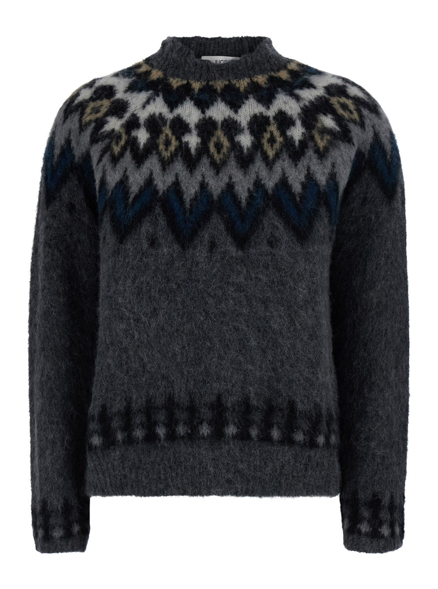 Sweater With Norwegian Motif, Grey Wool Alpaca Tops