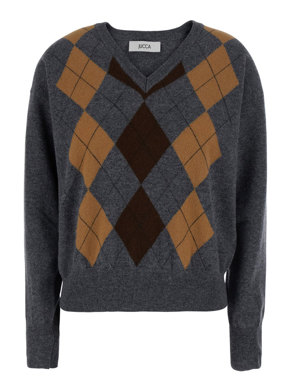 Sweater Argyle V-Neck Grey Wool Tops