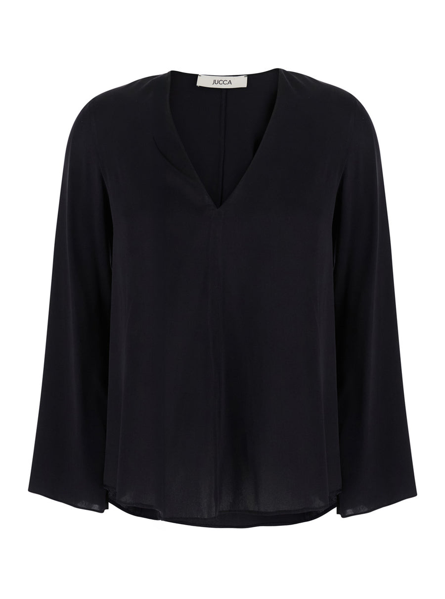 V-Neck Silk Top Black Blouses