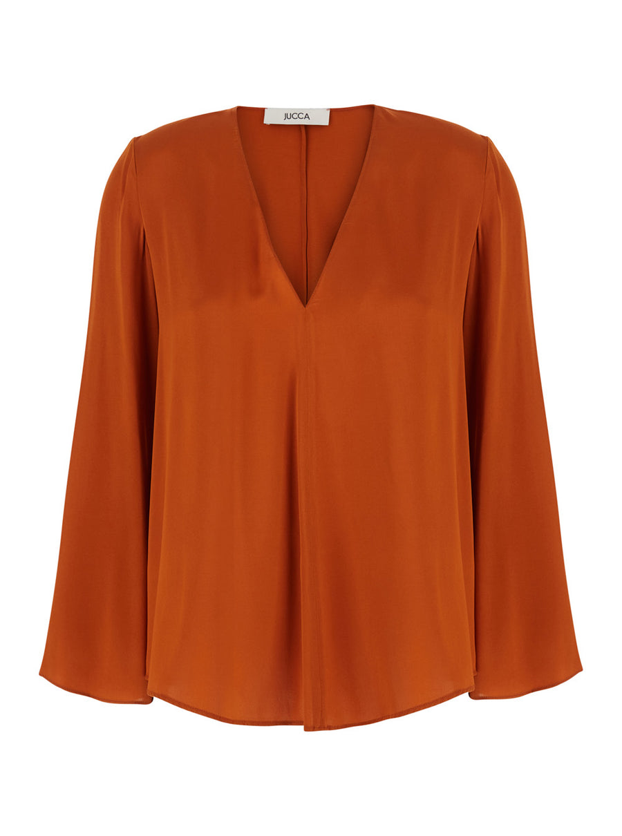 V-Neck Top Orange Silk Blouses