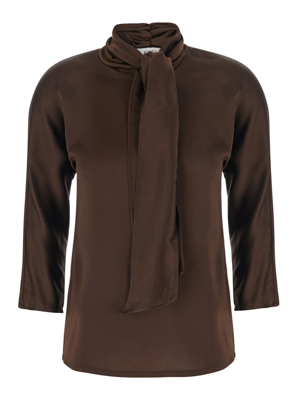 Top With Bow Neck Brown Silk Blouses