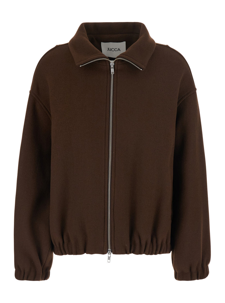 Bomber Jacket High Collar Brown Wool Blend Coat