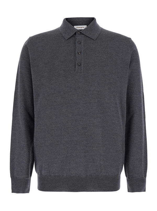 Long-Sleeve Merino Wool Polo Shirt Grey Extrafine