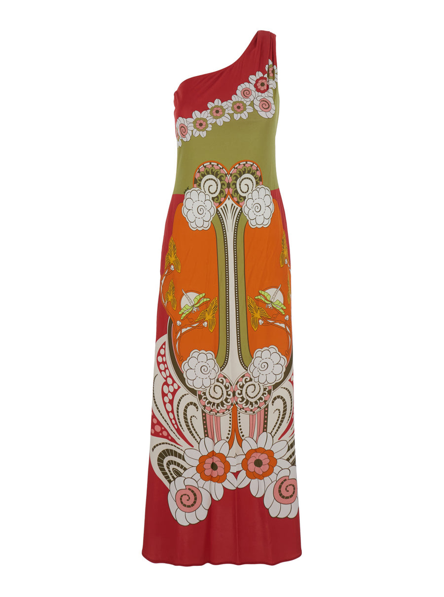 One-Shoulder Long Dress Clingy Roy Multicolour Silk