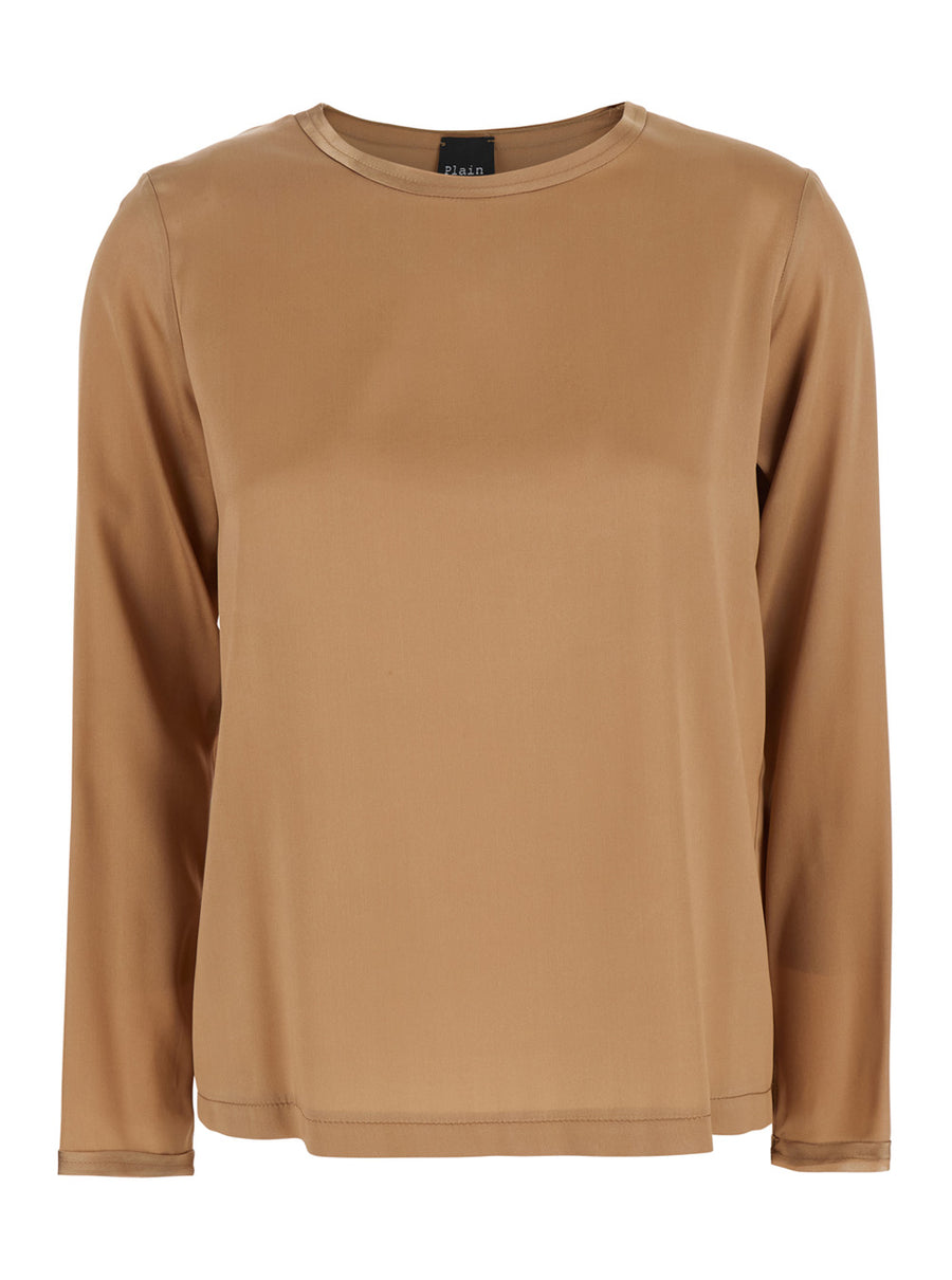 Long-Sleeve Silk Blouse, Beige